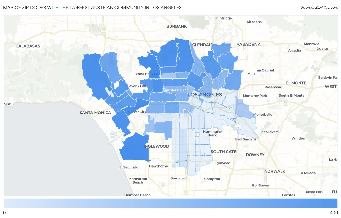 Zip Codes with the Largest Austrian Community in Los Angeles Map