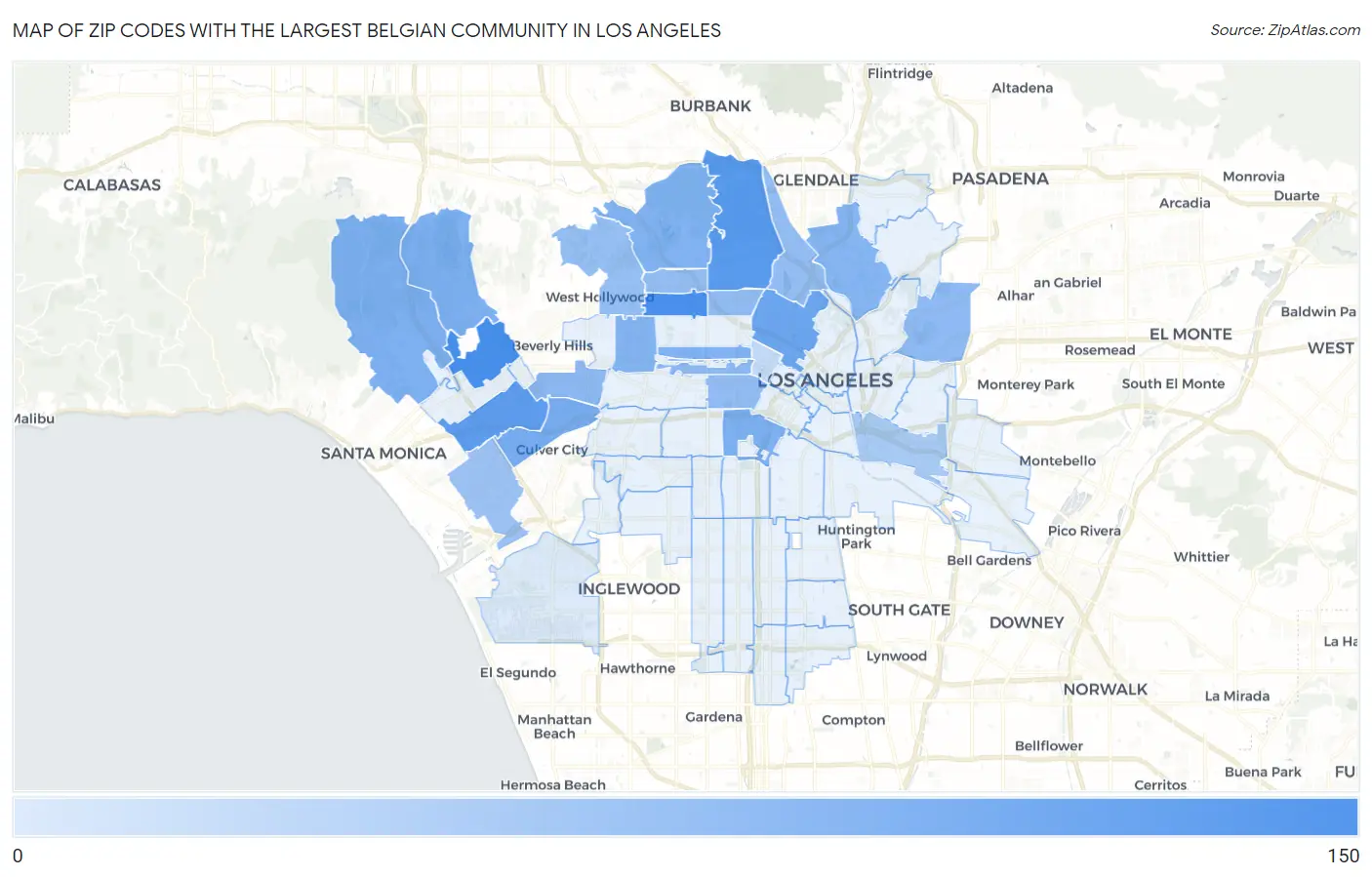 Zip Codes with the Largest Belgian Community in Los Angeles Map