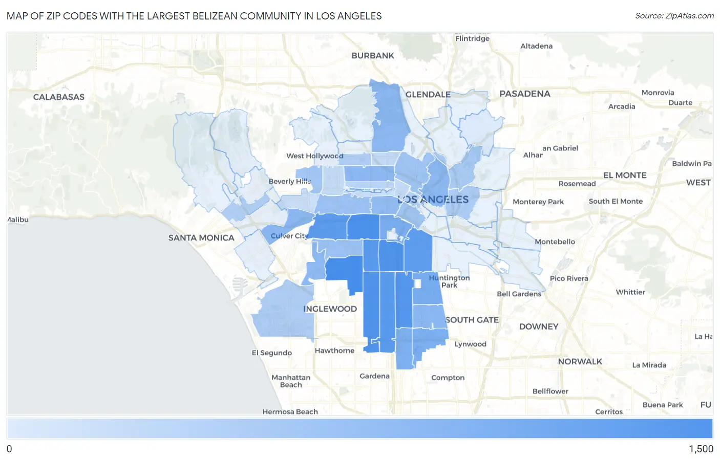 Zip Codes with the Largest Belizean Community in Los Angeles Map
