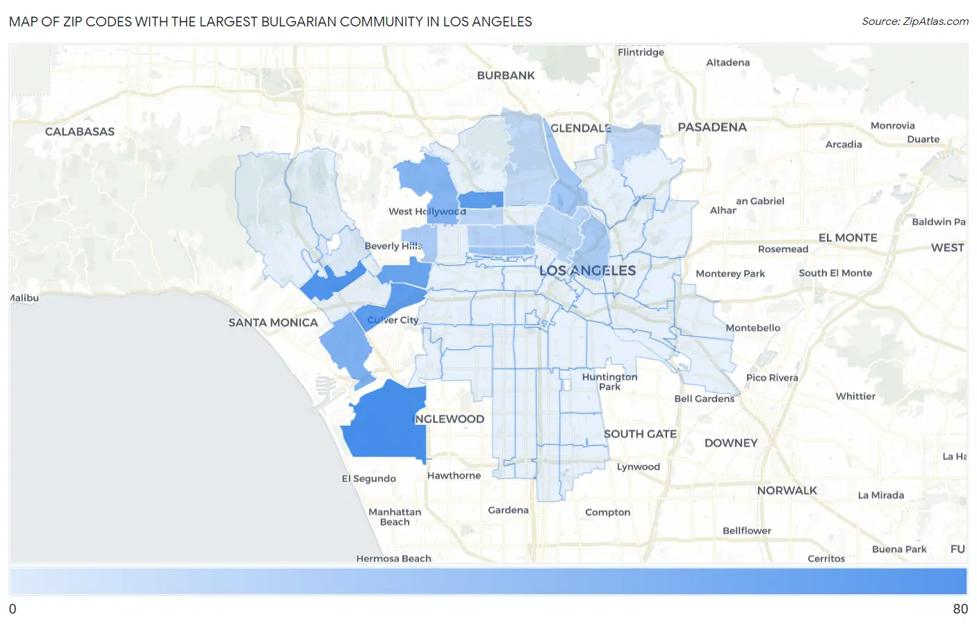 Zip Codes with the Largest Bulgarian Community in Los Angeles Map