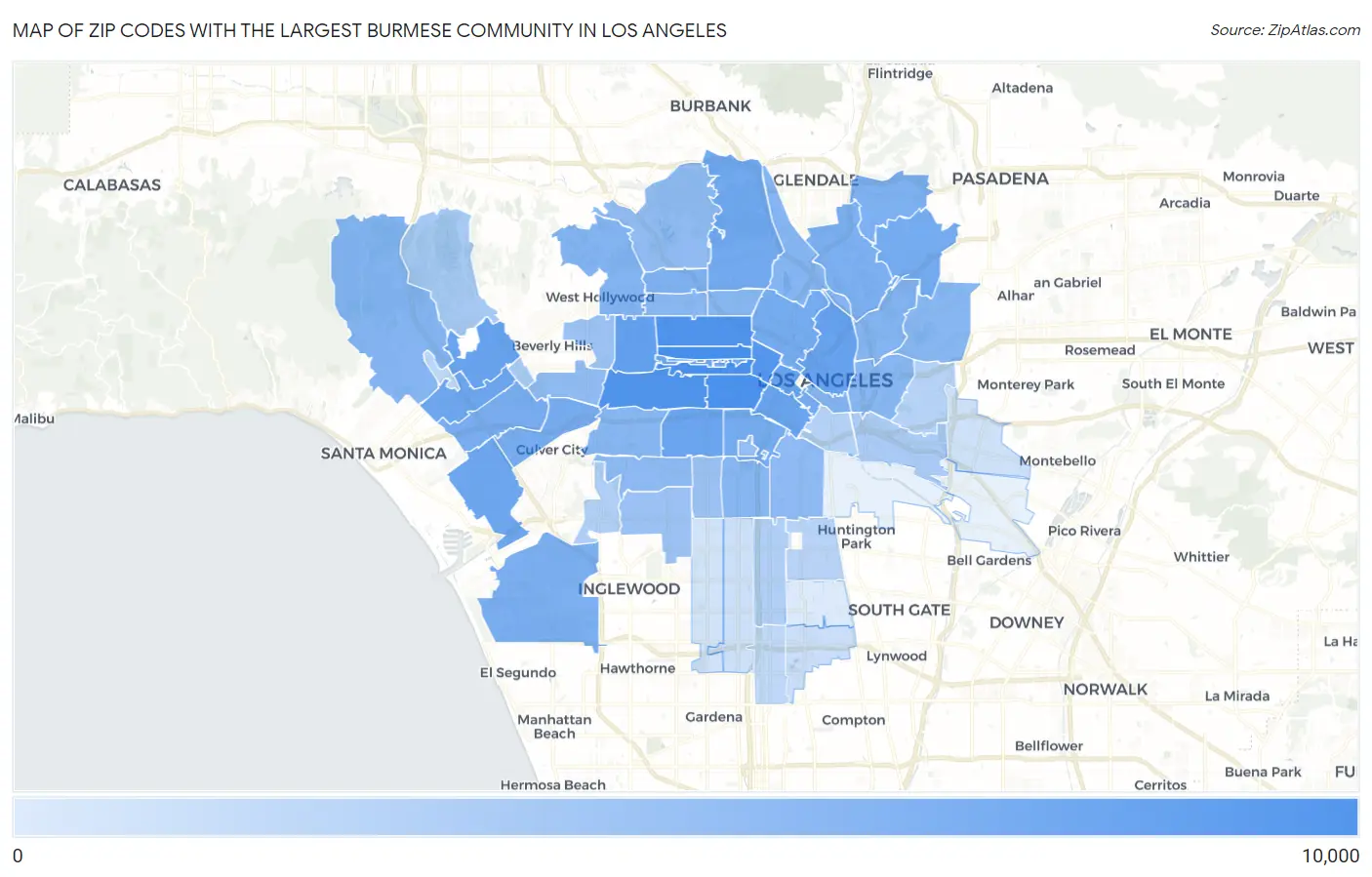 Zip Codes with the Largest Burmese Community in Los Angeles Map