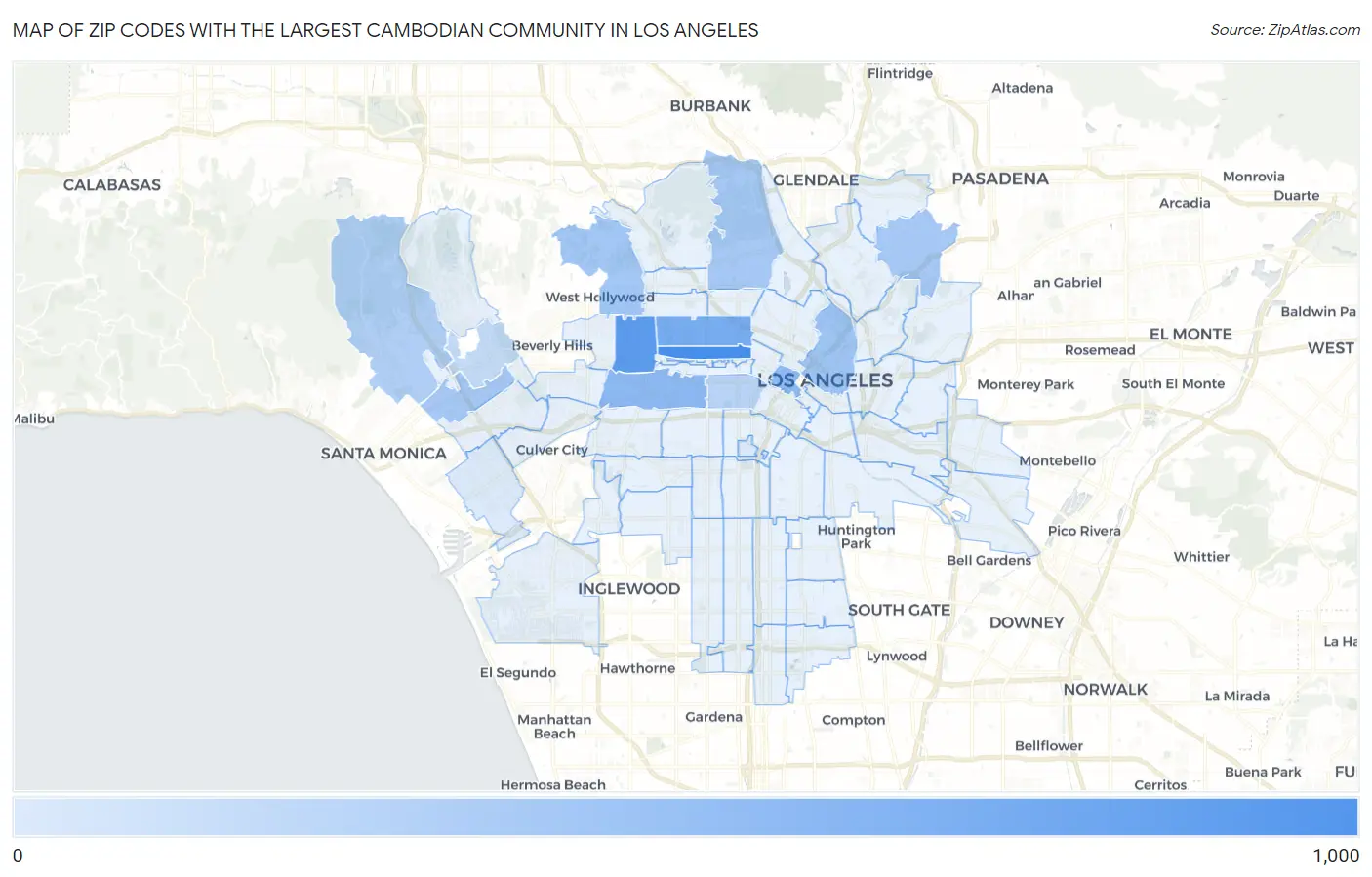 Zip Codes with the Largest Cambodian Community in Los Angeles Map