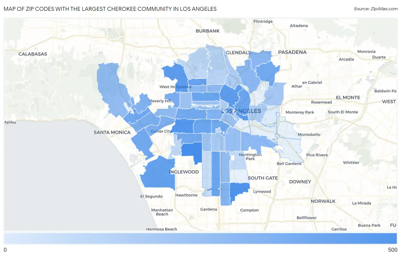 Zip Codes with the Largest Cherokee Community in Los Angeles Map