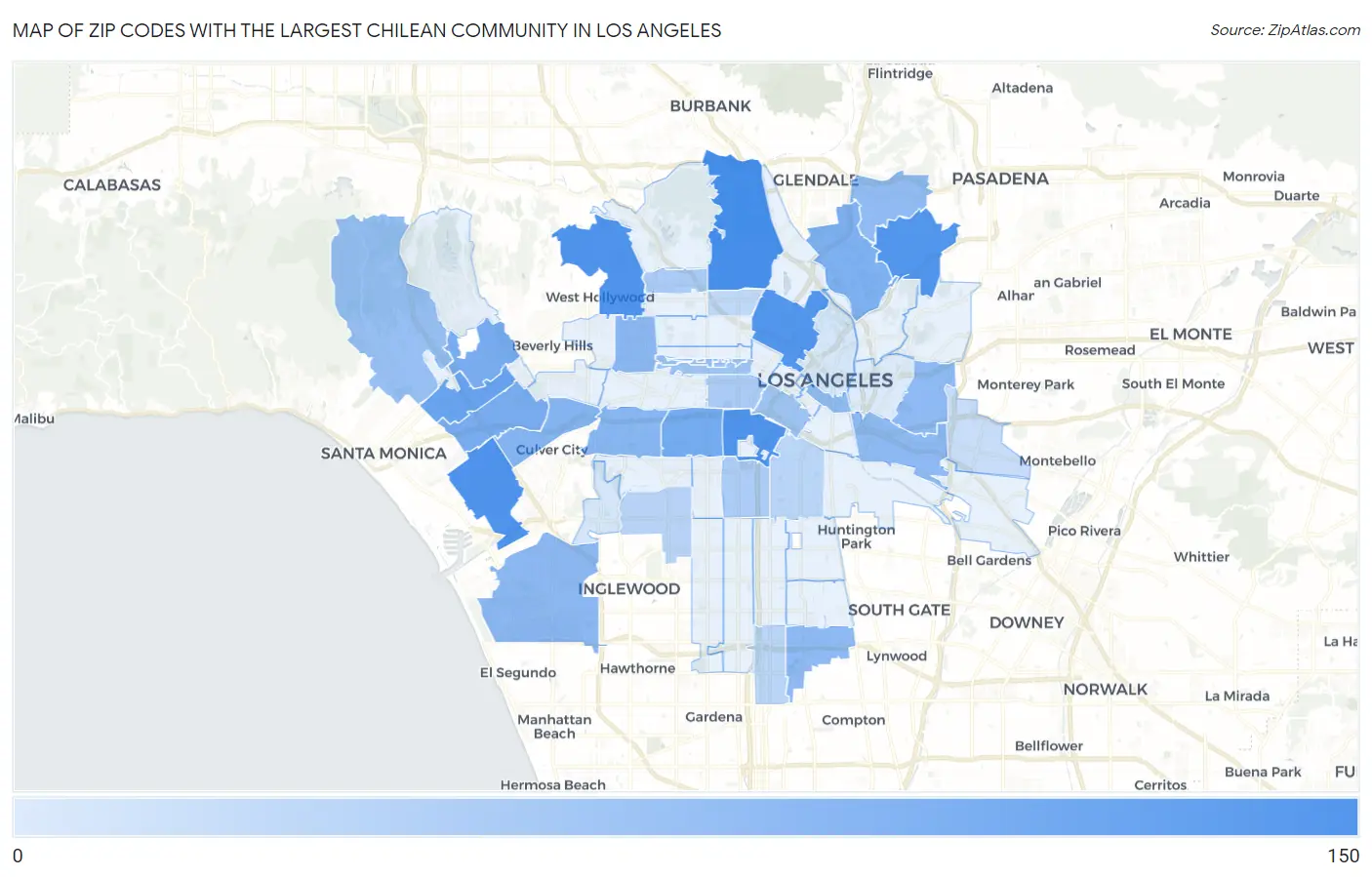 Zip Codes with the Largest Chilean Community in Los Angeles Map