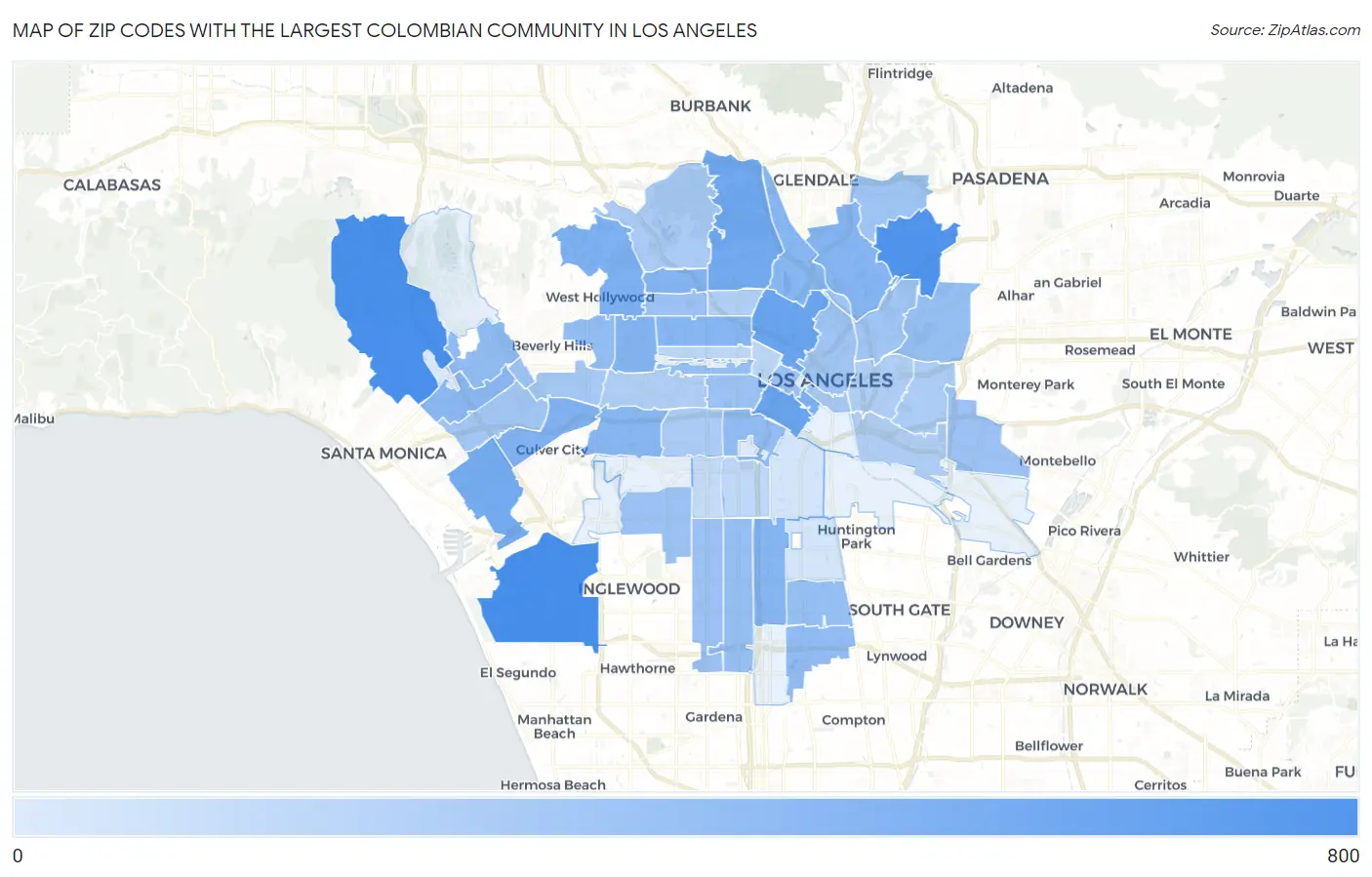 Zip Codes with the Largest Colombian Community in Los Angeles Map