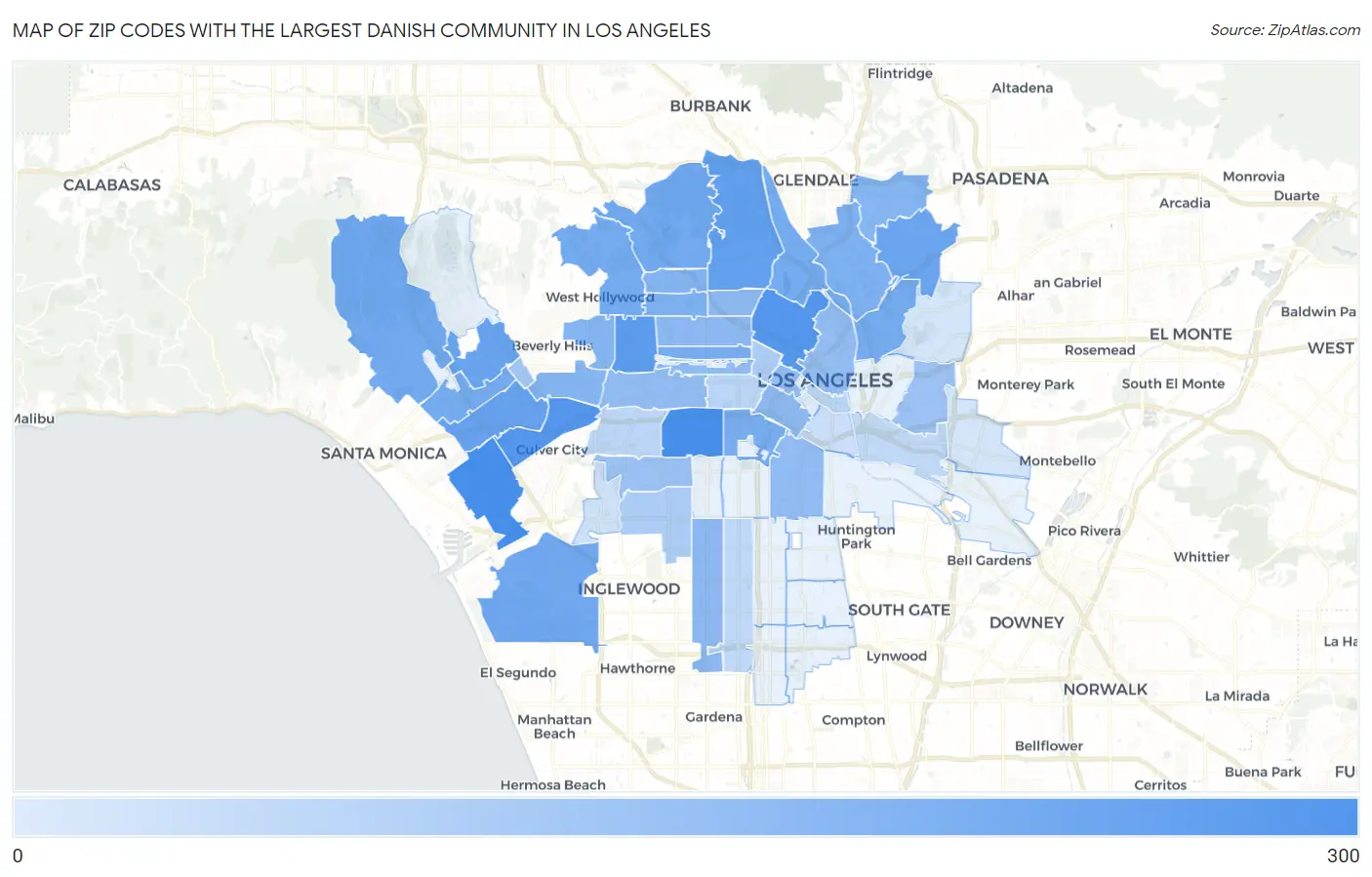 Zip Codes with the Largest Danish Community in Los Angeles Map
