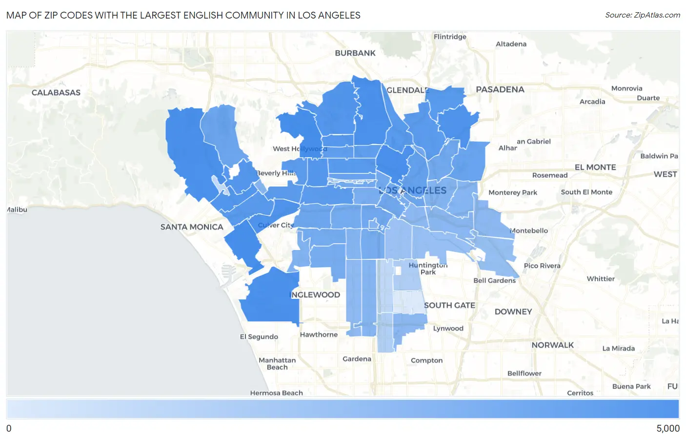 Zip Codes with the Largest English Community in Los Angeles Map