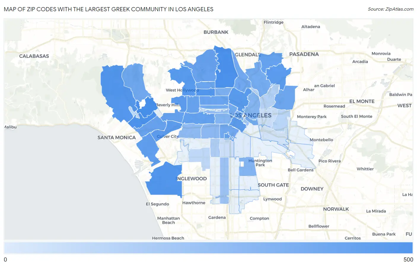 Zip Codes with the Largest Greek Community in Los Angeles Map