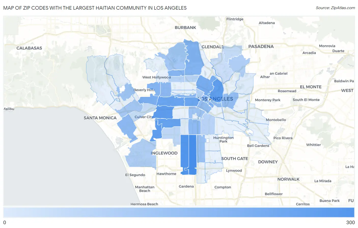 Zip Codes with the Largest Haitian Community in Los Angeles Map