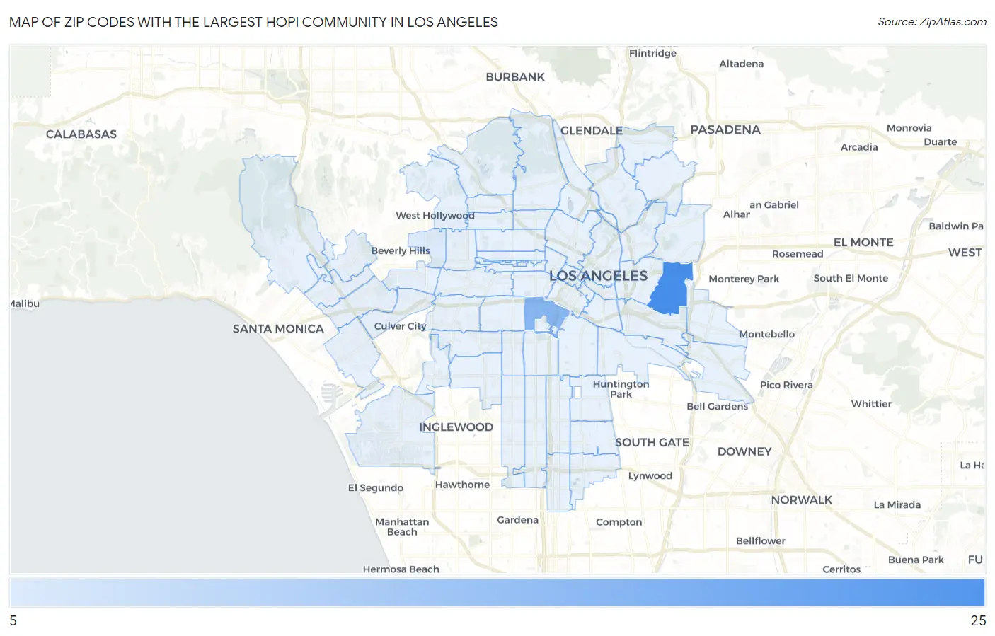 Zip Codes with the Largest Hopi Community in Los Angeles Map