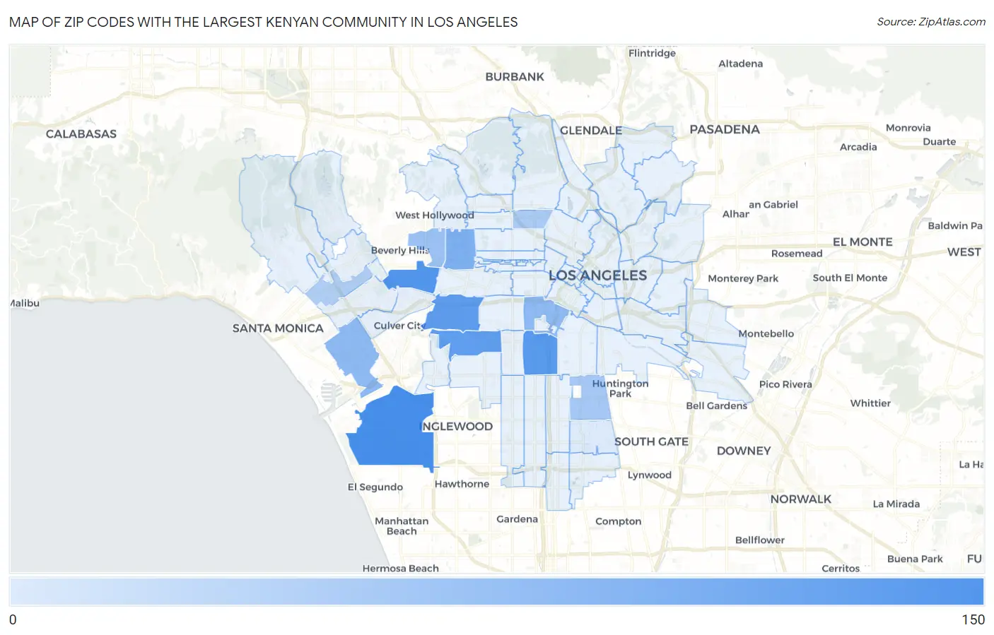 Zip Codes with the Largest Kenyan Community in Los Angeles Map