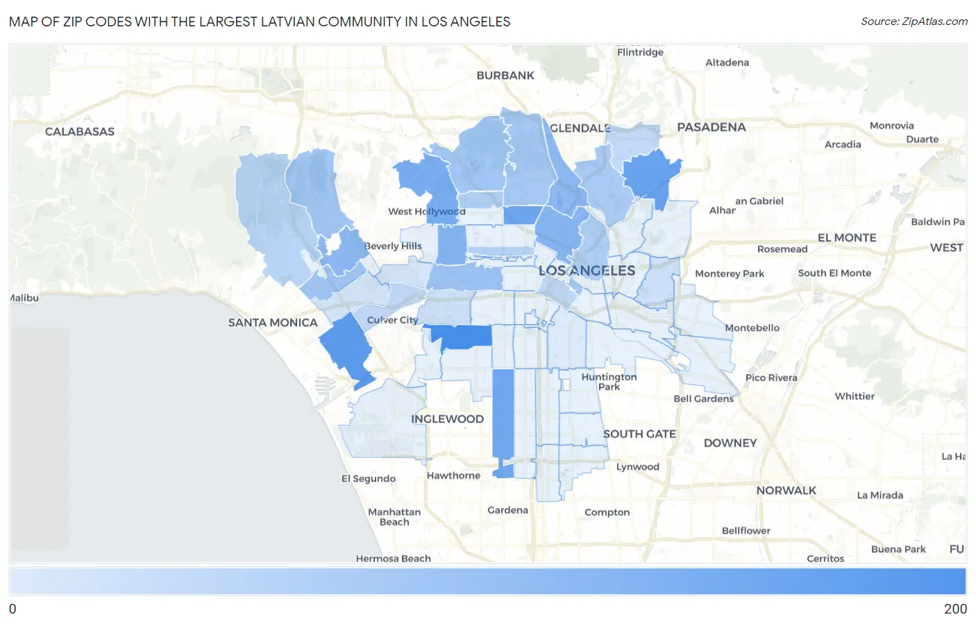 Zip Codes with the Largest Latvian Community in Los Angeles Map