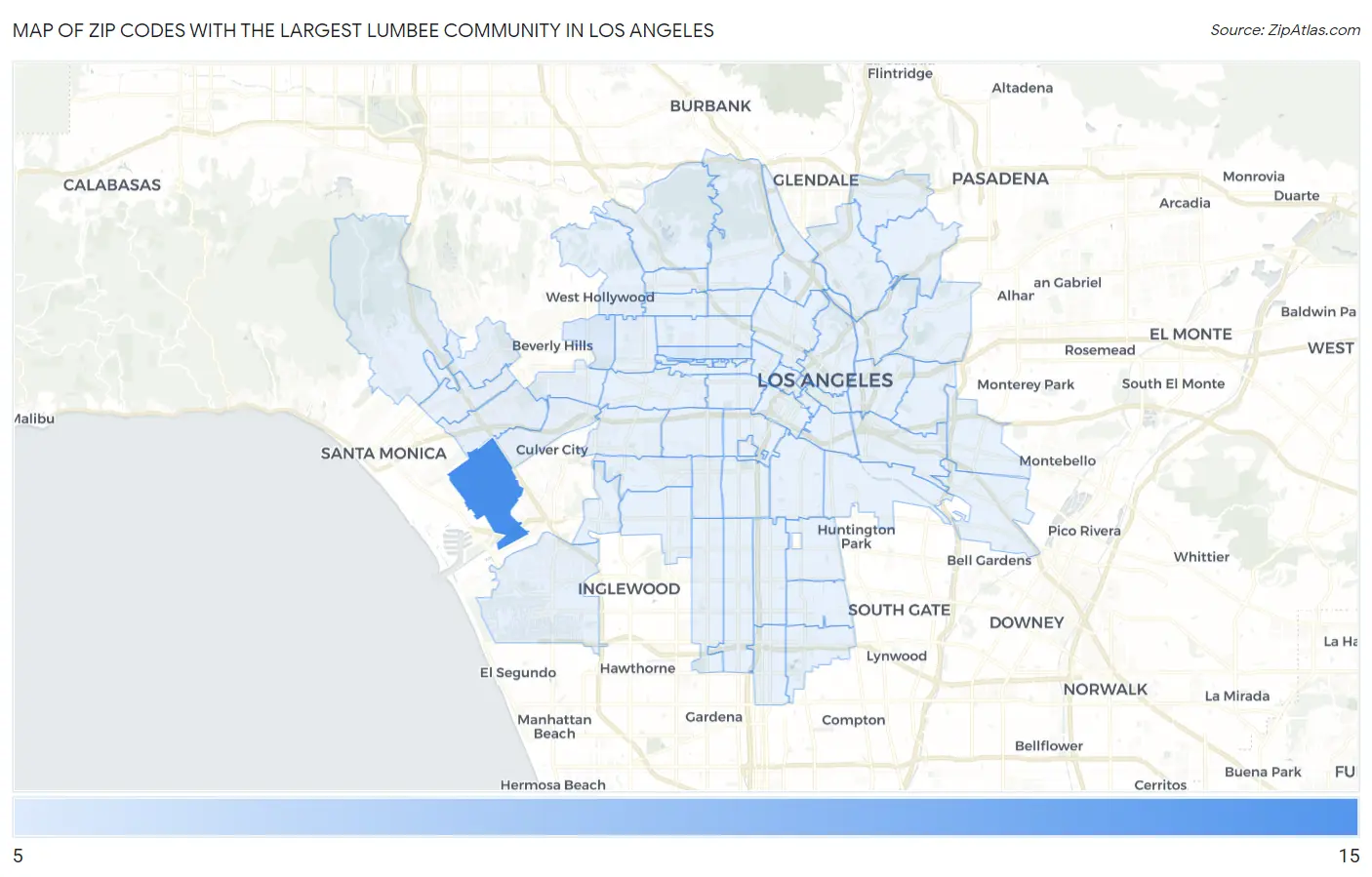 Zip Codes with the Largest Lumbee Community in Los Angeles Map