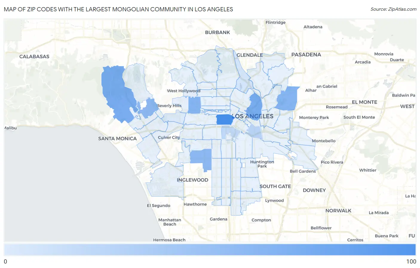 Zip Codes with the Largest Mongolian Community in Los Angeles Map
