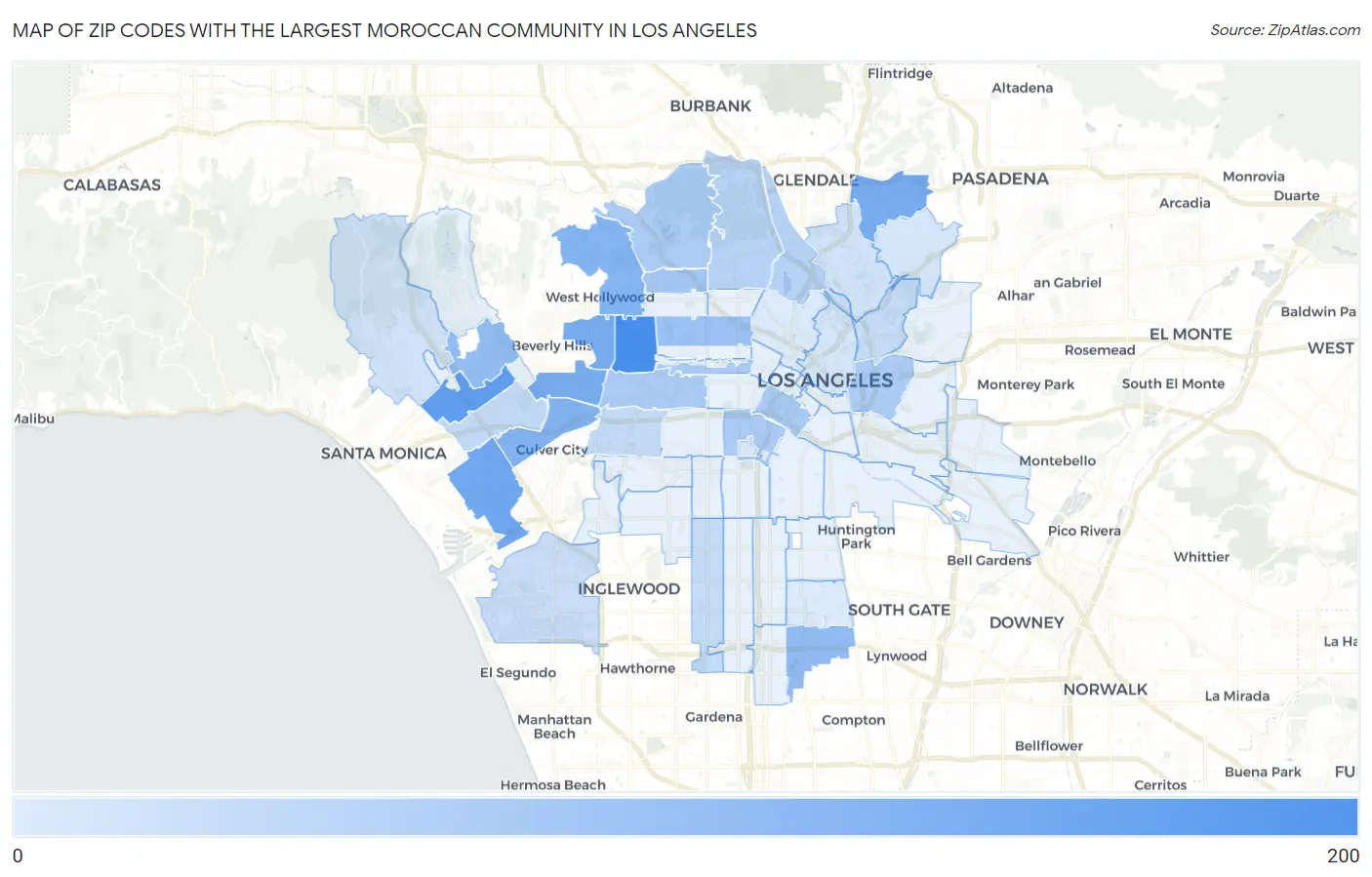 Zip Codes with the Largest Moroccan Community in Los Angeles Map