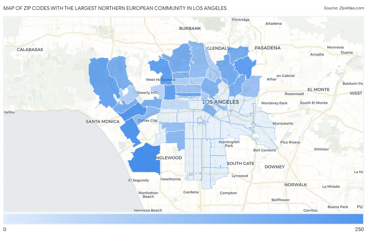 Zip Codes with the Largest Northern European Community in Los Angeles Map