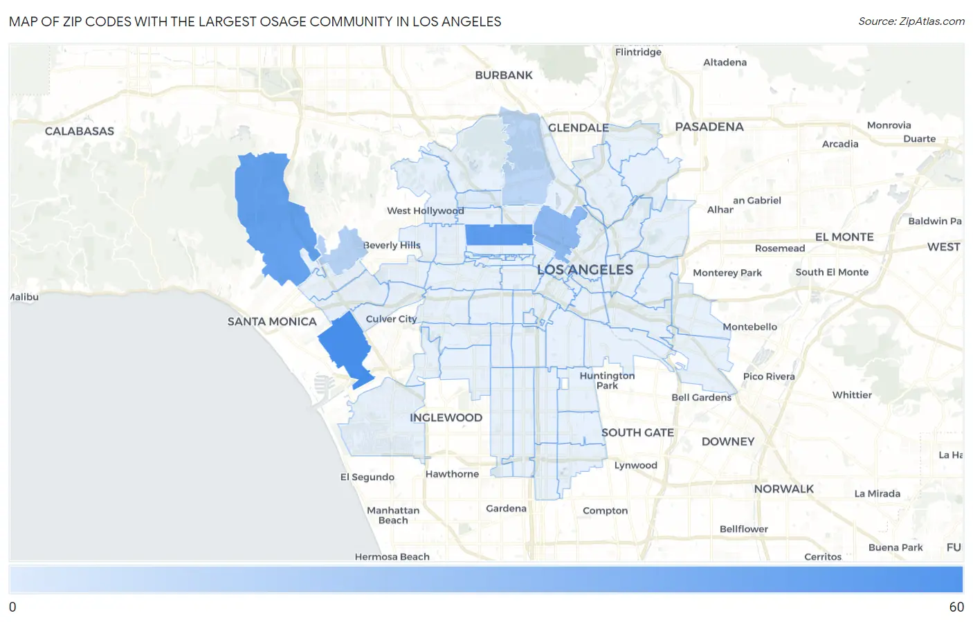 Zip Codes with the Largest Osage Community in Los Angeles Map
