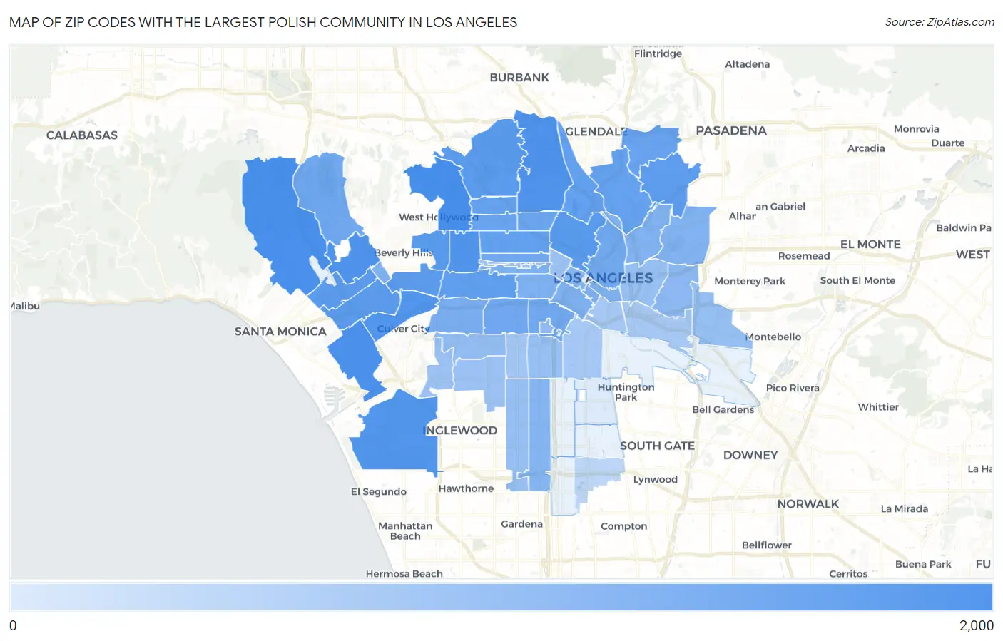 Zip Codes with the Largest Polish Community in Los Angeles Map