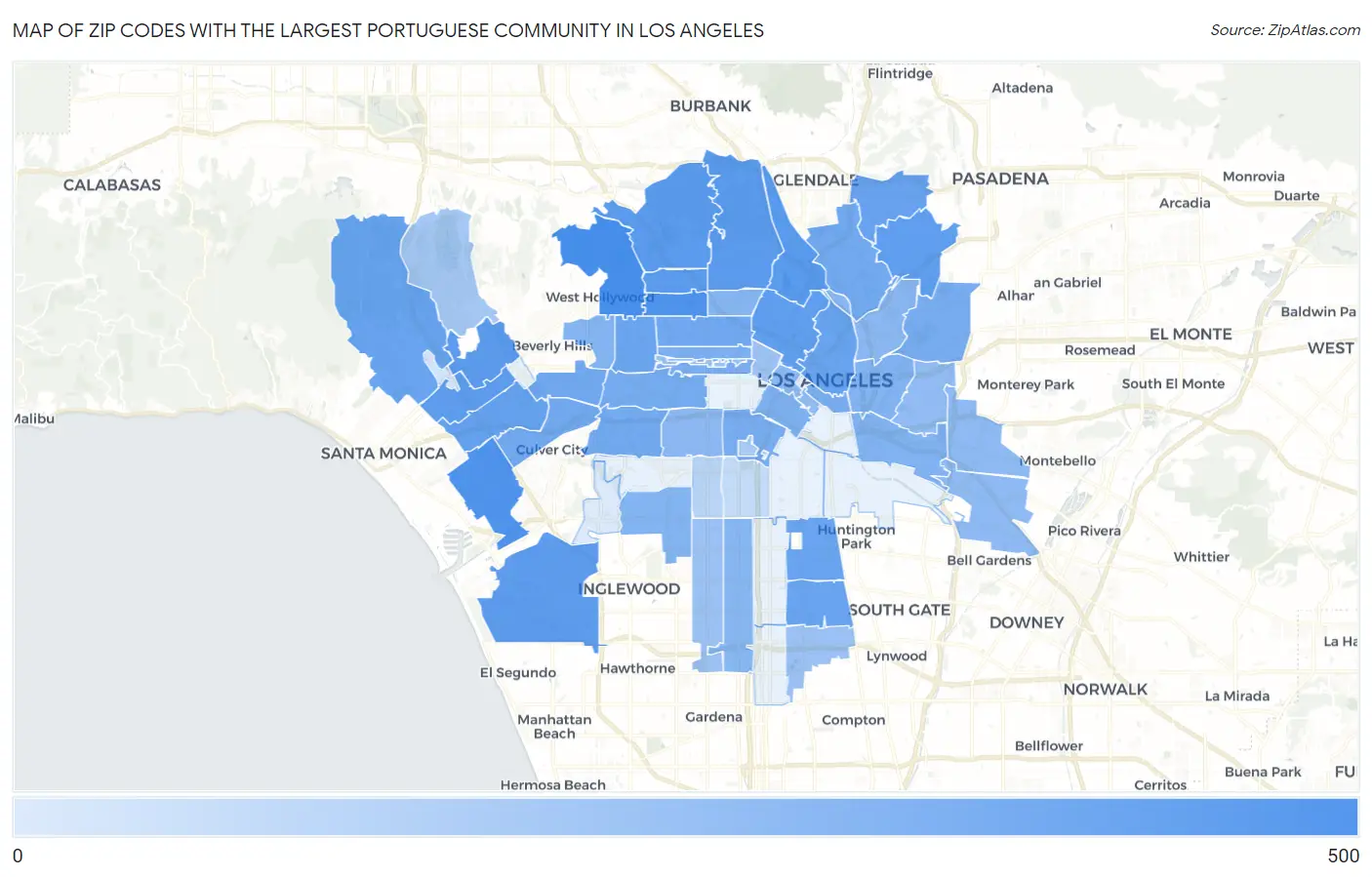 Zip Codes with the Largest Portuguese Community in Los Angeles Map