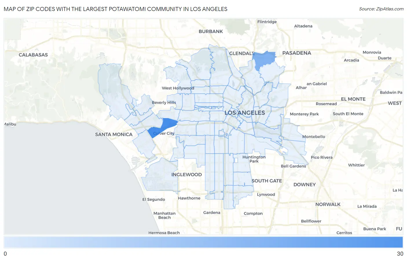 Zip Codes with the Largest Potawatomi Community in Los Angeles Map