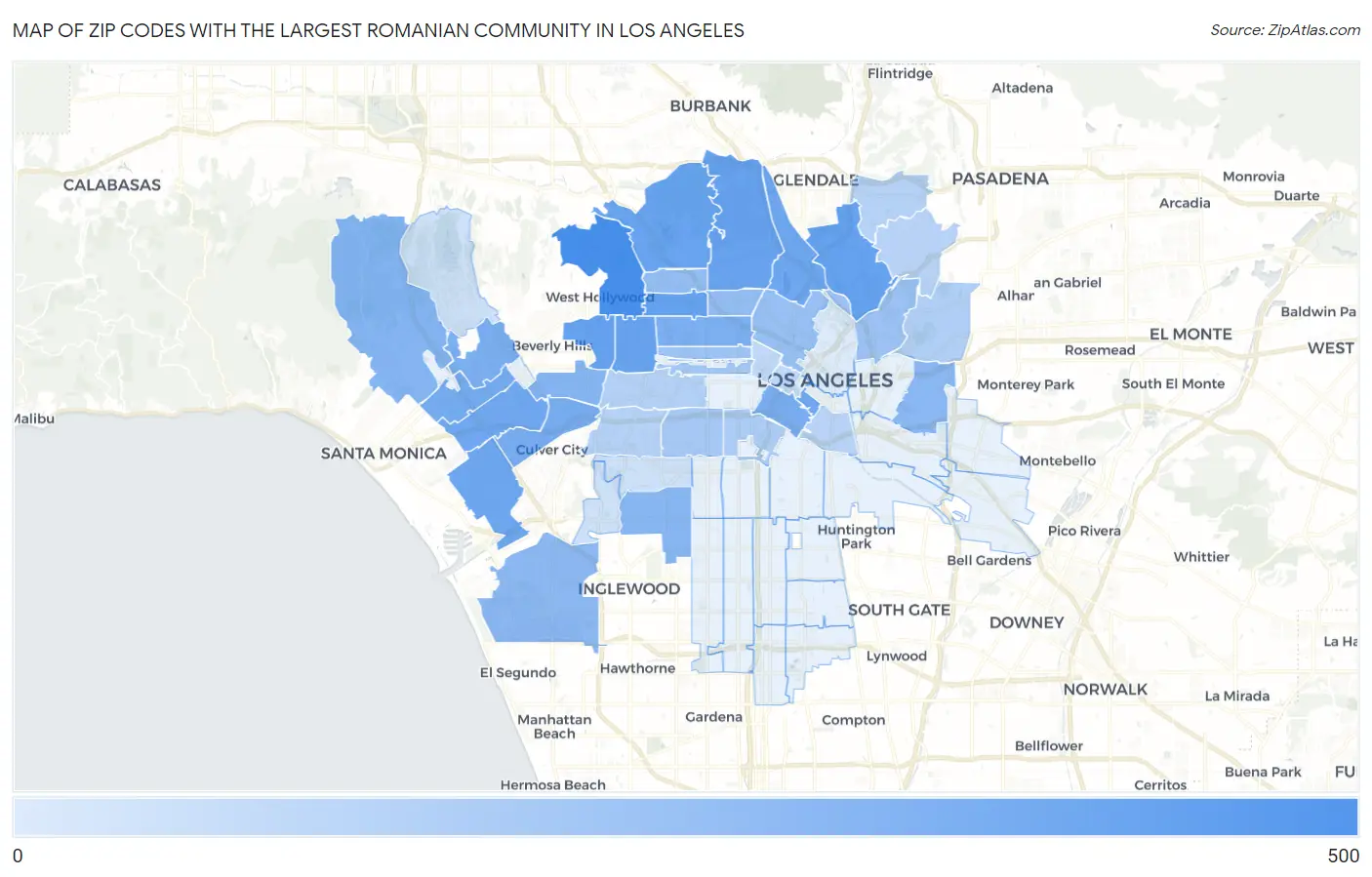 Zip Codes with the Largest Romanian Community in Los Angeles Map