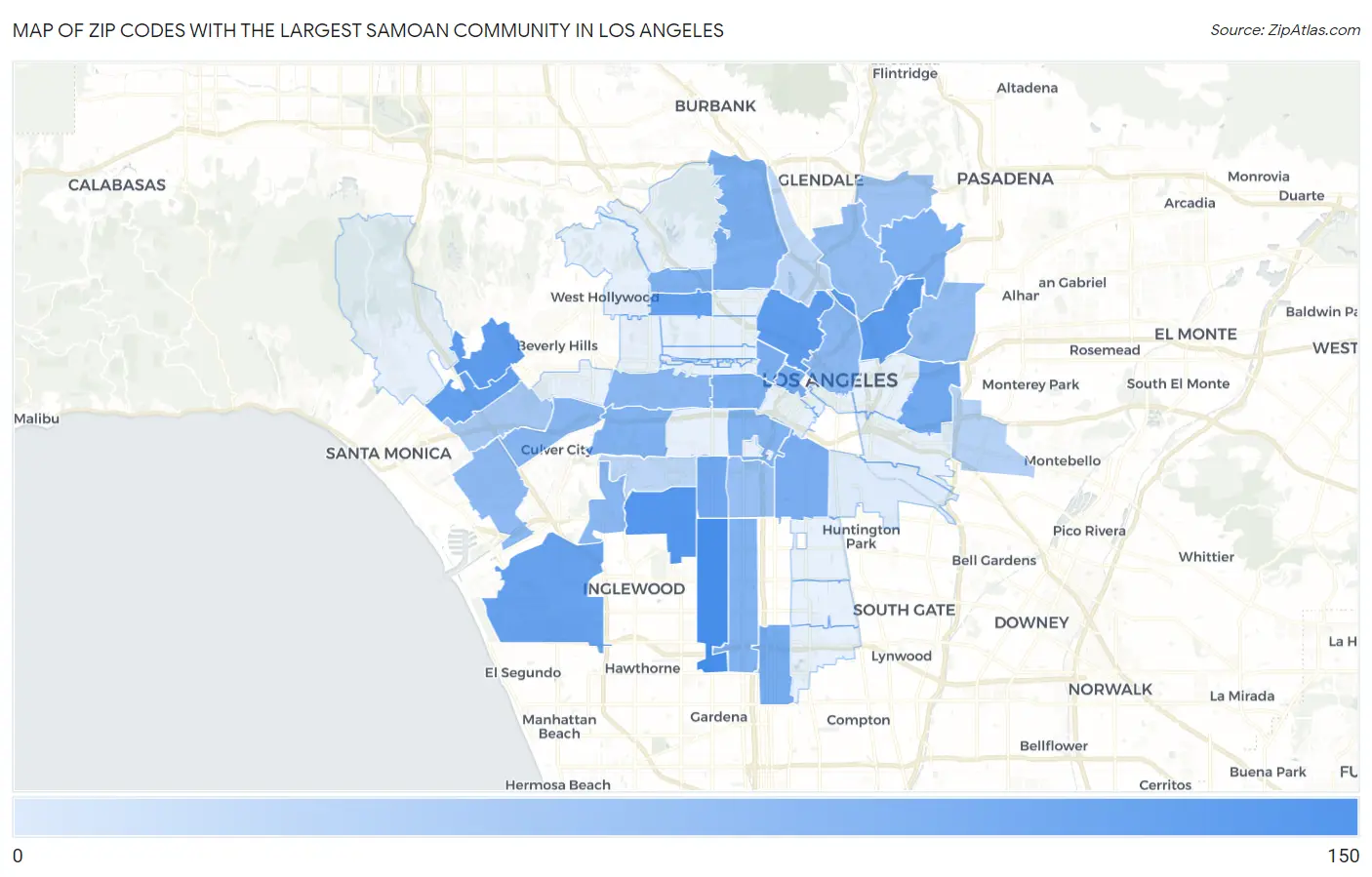 Zip Codes with the Largest Samoan Community in Los Angeles Map