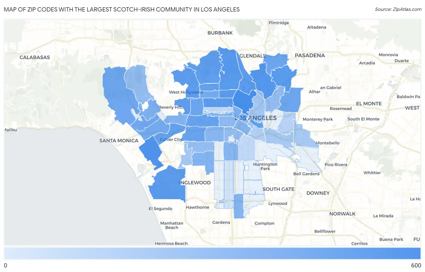 Zip Codes with the Largest Scotch-Irish Community in Los Angeles Map