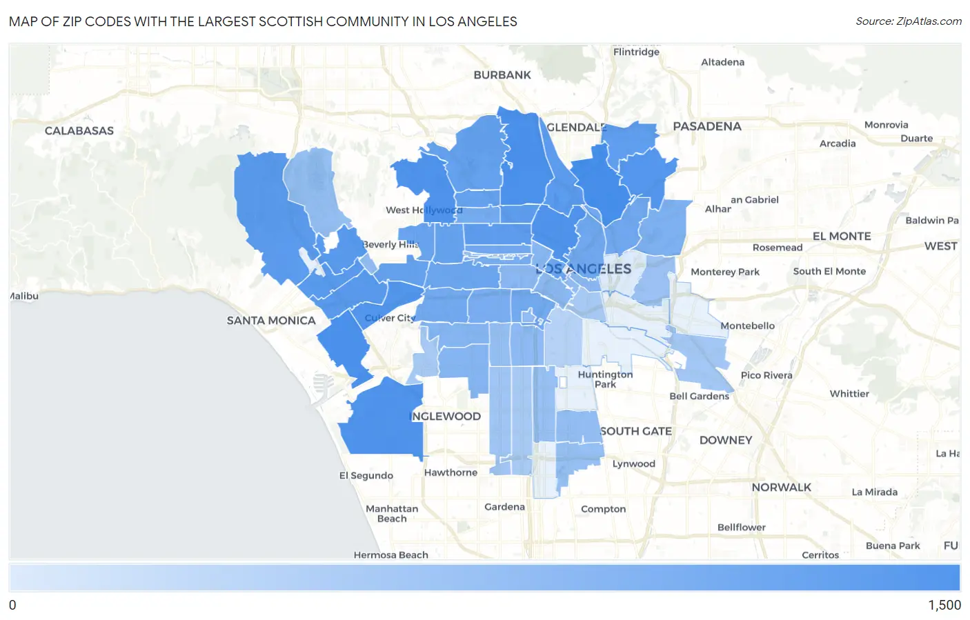 Zip Codes with the Largest Scottish Community in Los Angeles Map