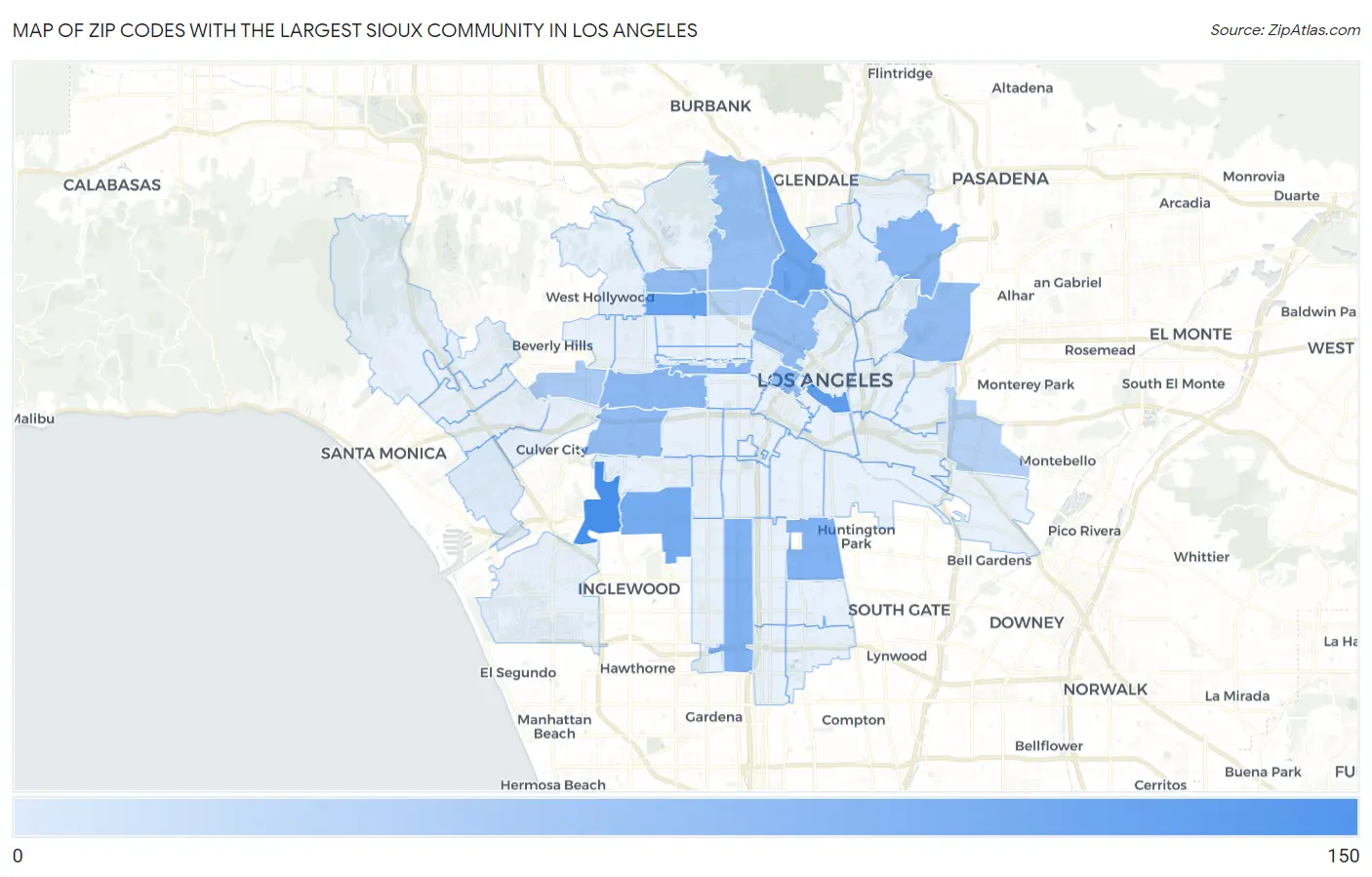 Zip Codes with the Largest Sioux Community in Los Angeles Map