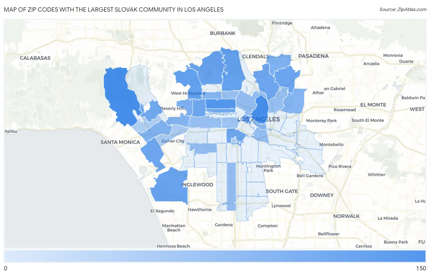 Zip Codes with the Largest Slovak Community in Los Angeles Map