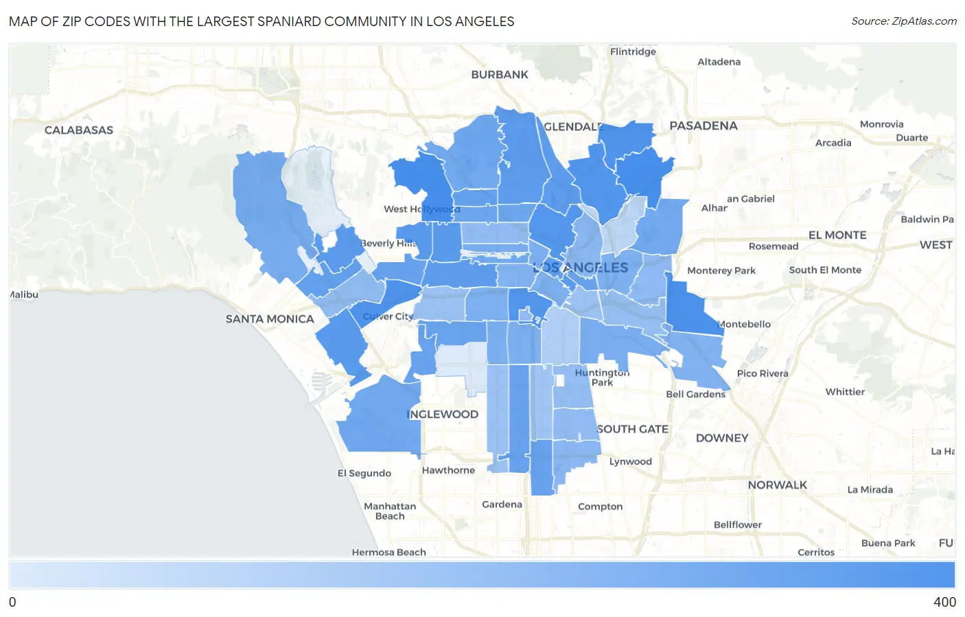 Zip Codes with the Largest Spaniard Community in Los Angeles Map