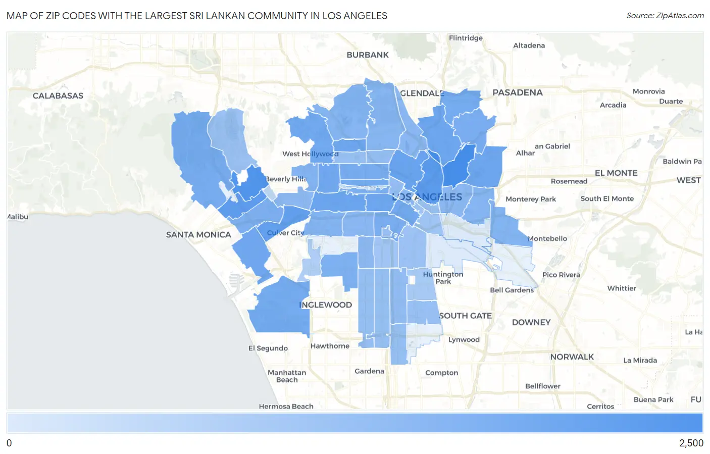 Zip Codes with the Largest Sri Lankan Community in Los Angeles Map