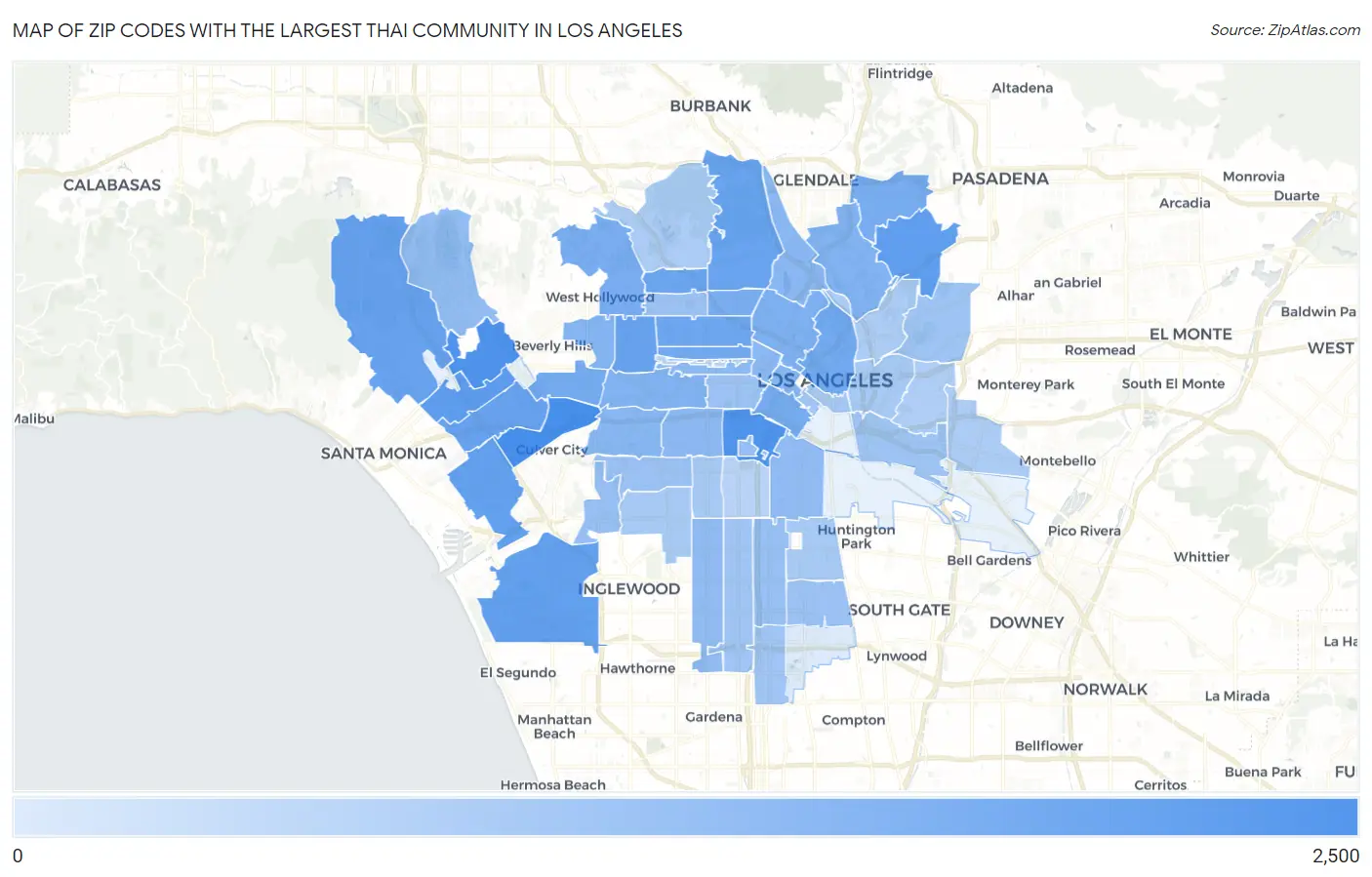 Zip Codes with the Largest Thai Community in Los Angeles Map