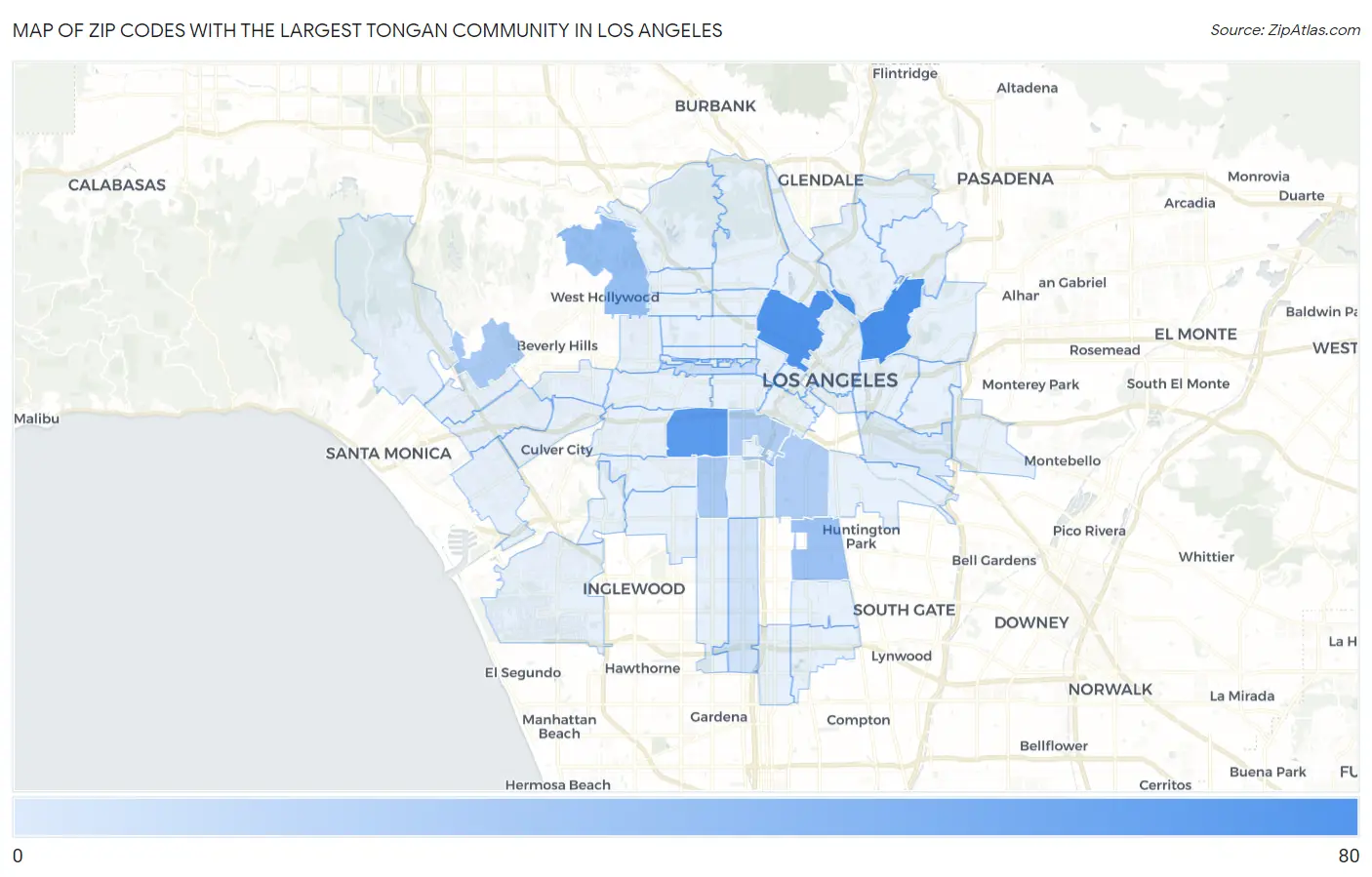Zip Codes with the Largest Tongan Community in Los Angeles Map