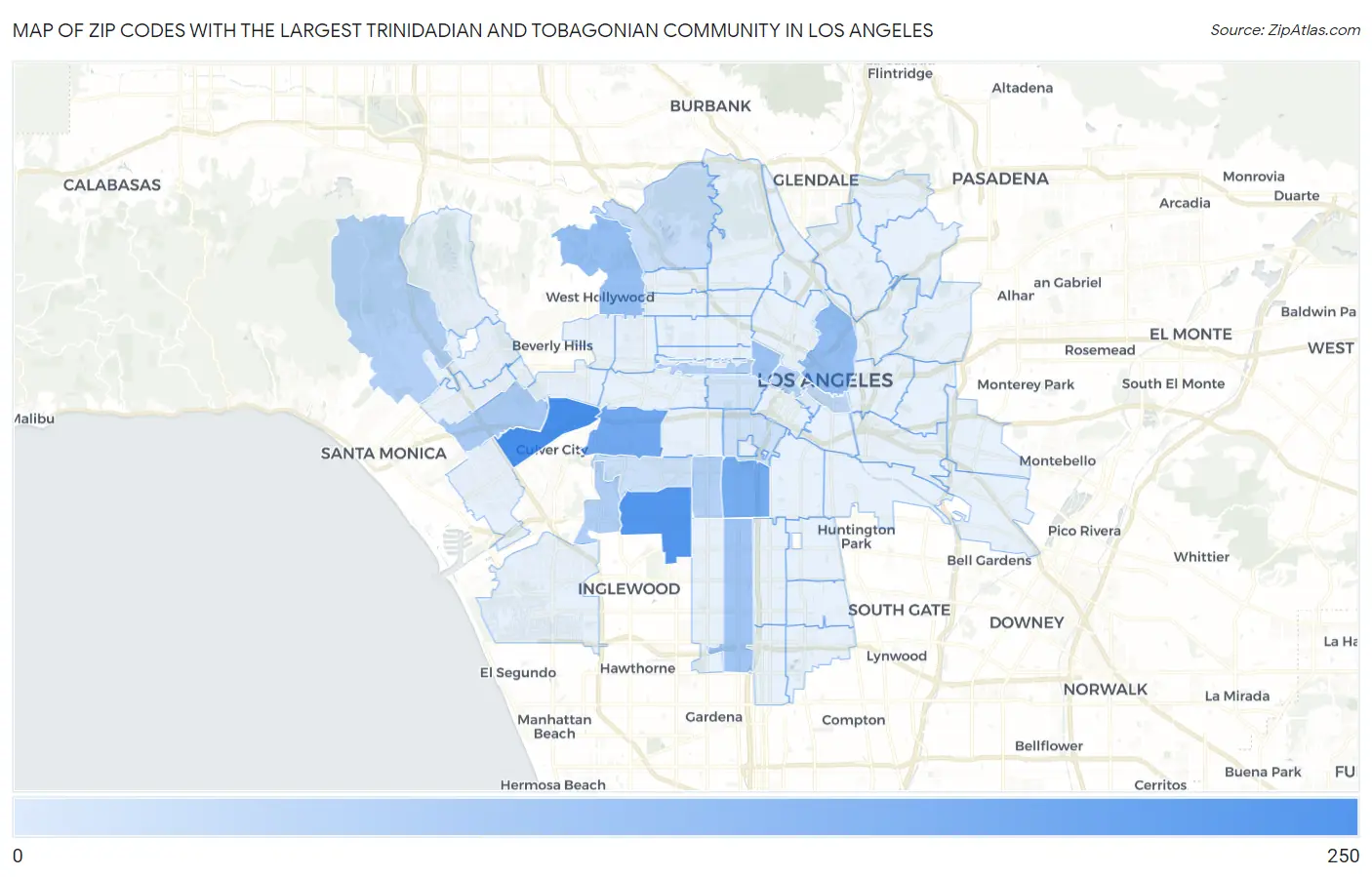 Zip Codes with the Largest Trinidadian and Tobagonian Community in Los Angeles Map
