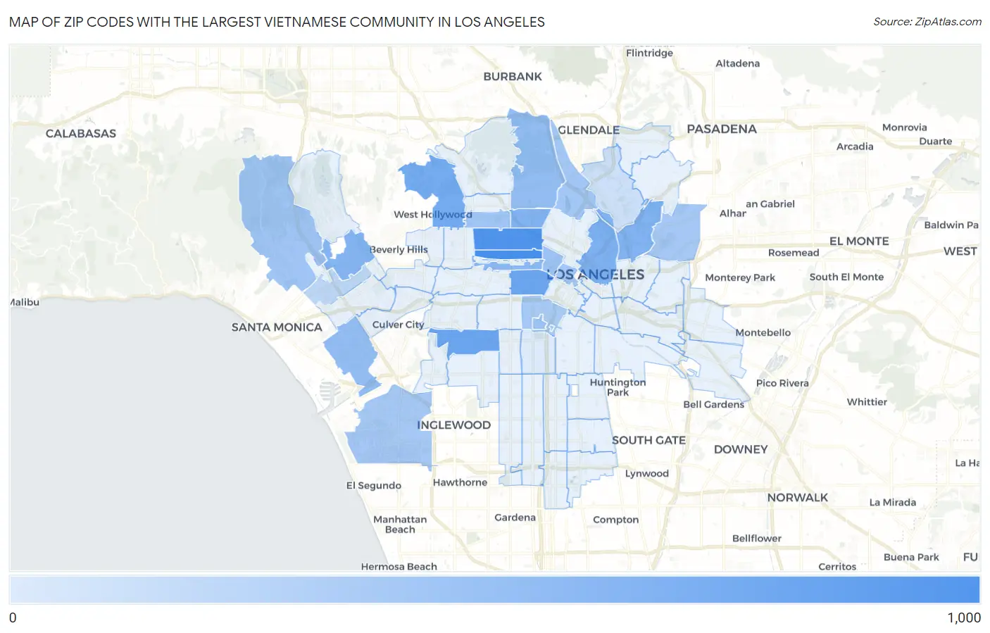 Zip Codes with the Largest Vietnamese Community in Los Angeles Map