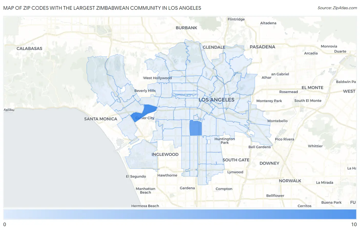 Zip Codes with the Largest Zimbabwean Community in Los Angeles Map