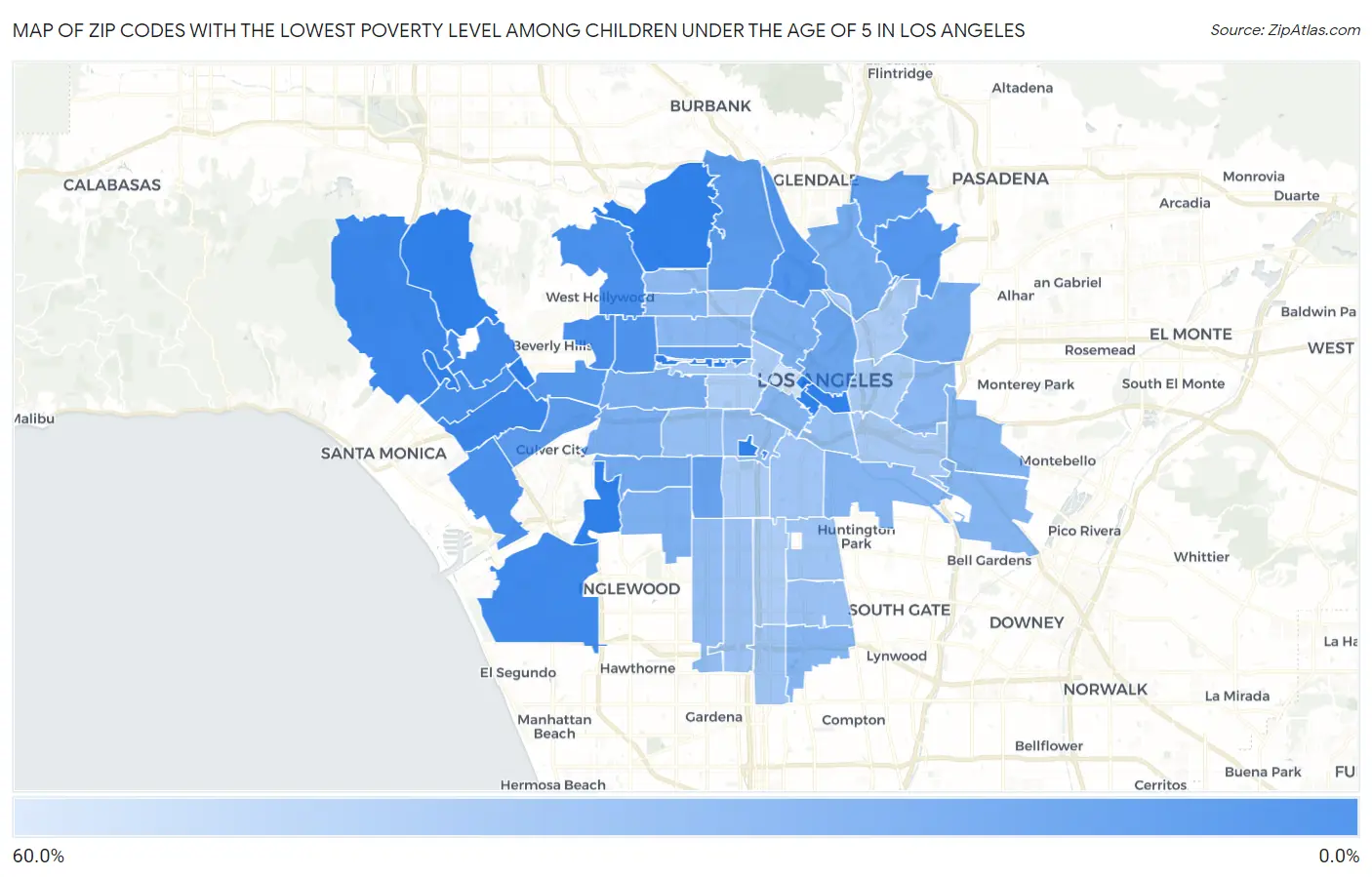 Zip Codes with the Lowest Poverty Level Among Children Under the Age of 5 in Los Angeles Map