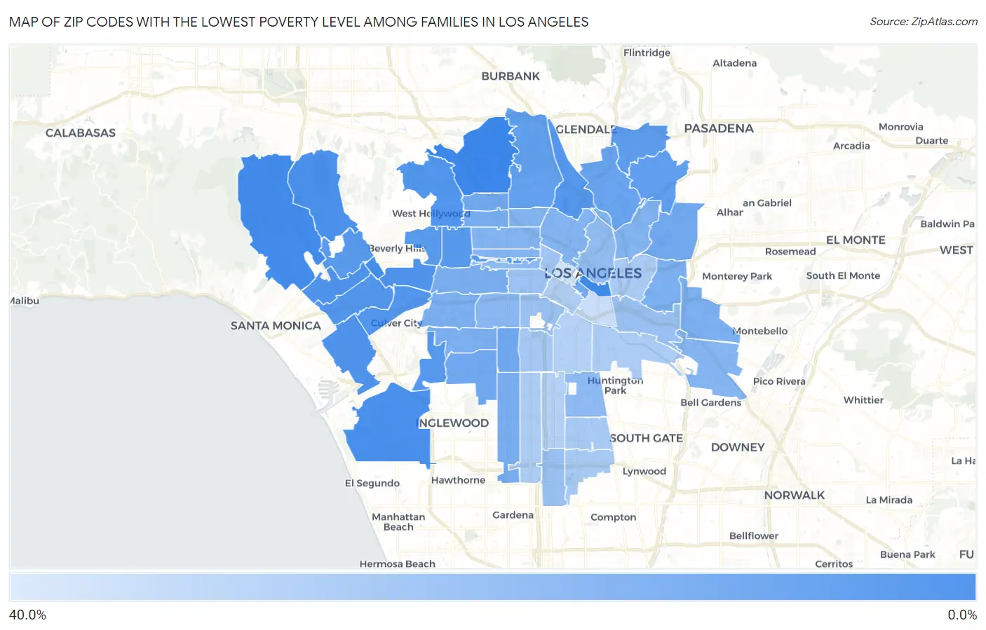 Zip Codes with the Lowest Poverty Level Among Families in Los Angeles Map