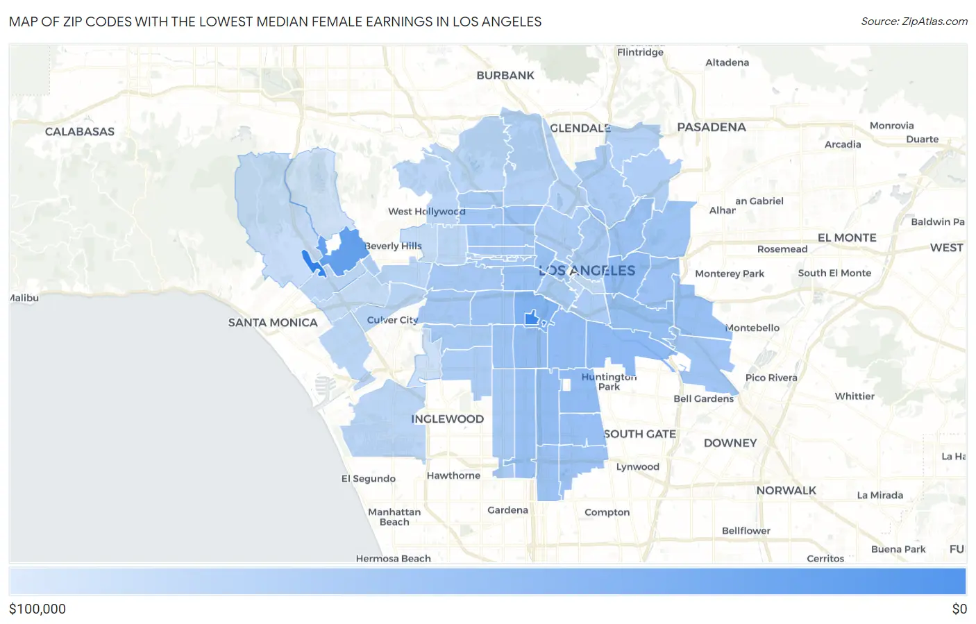 Zip Codes with the Lowest Median Female Earnings in Los Angeles Map