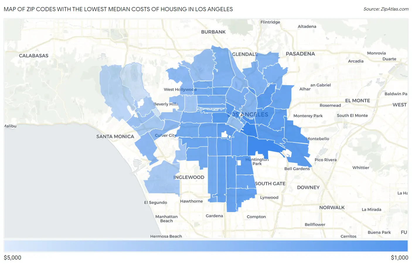 Zip Codes with the Lowest Median Costs of Housing in Los Angeles Map