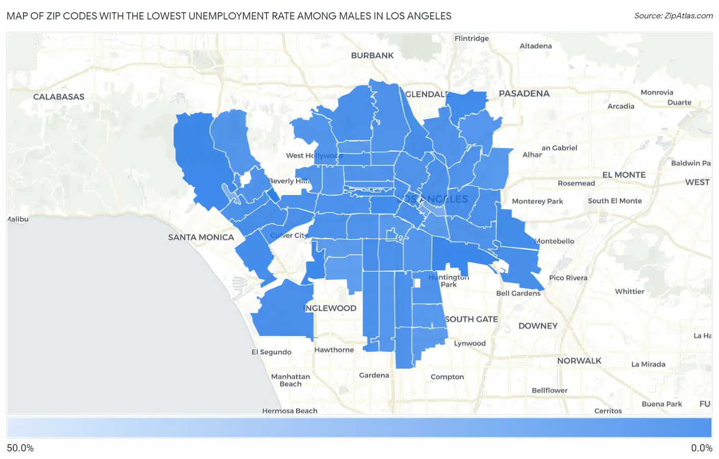 Zip Codes with the Lowest Unemployment Rate Among Males in Los Angeles Map
