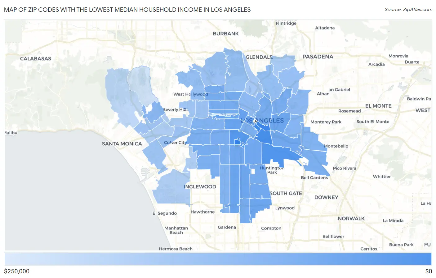 Zip Codes with the Lowest Median Household Income in Los Angeles Map