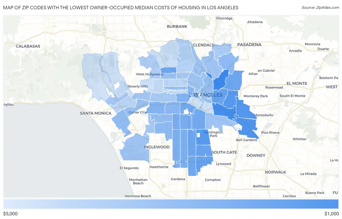 Zip Codes with the Lowest Owner-Occupied Median Costs of Housing in Los Angeles Map