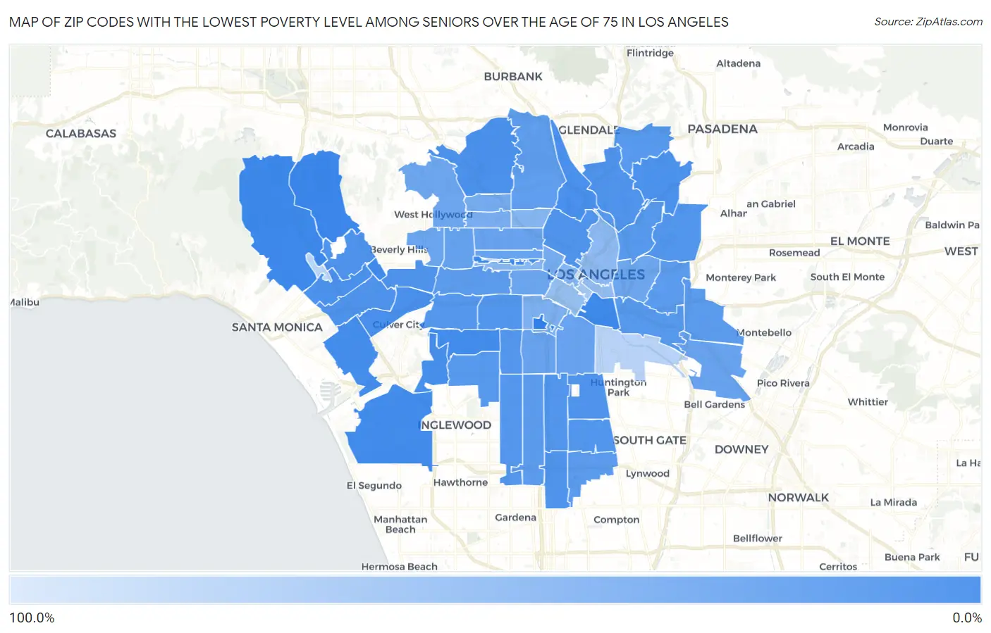 Zip Codes with the Lowest Poverty Level Among Seniors Over the Age of 75 in Los Angeles Map