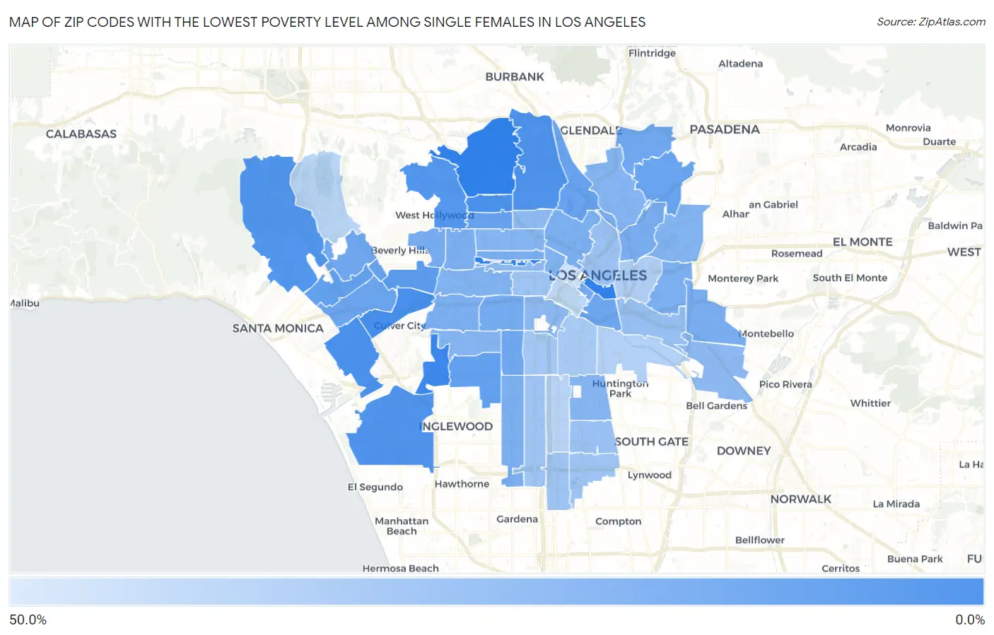 Zip Codes with the Lowest Poverty Level Among Single Females in Los Angeles Map