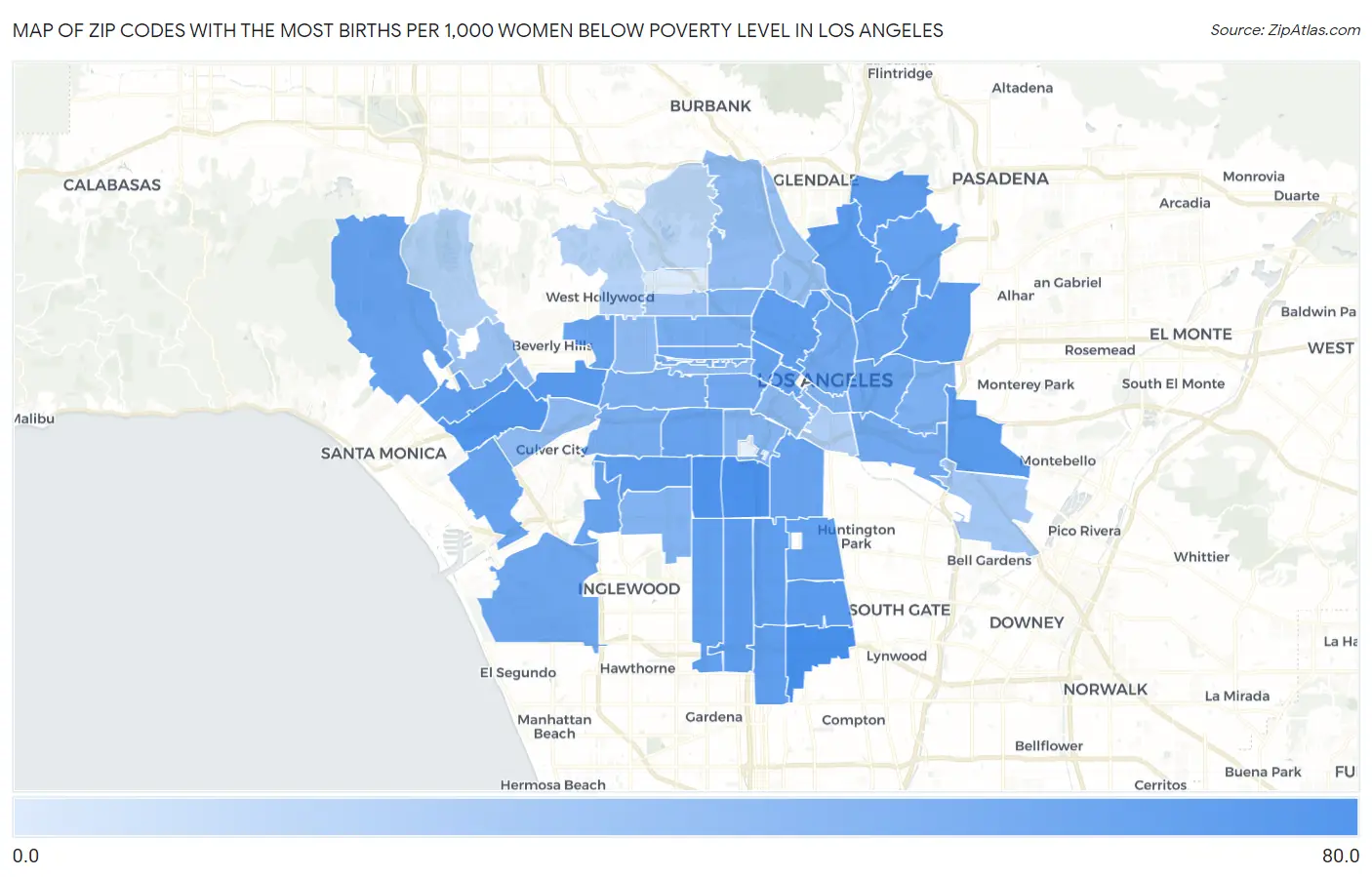 Zip Codes with the Most Births per 1,000 Women Below Poverty Level in Los Angeles Map