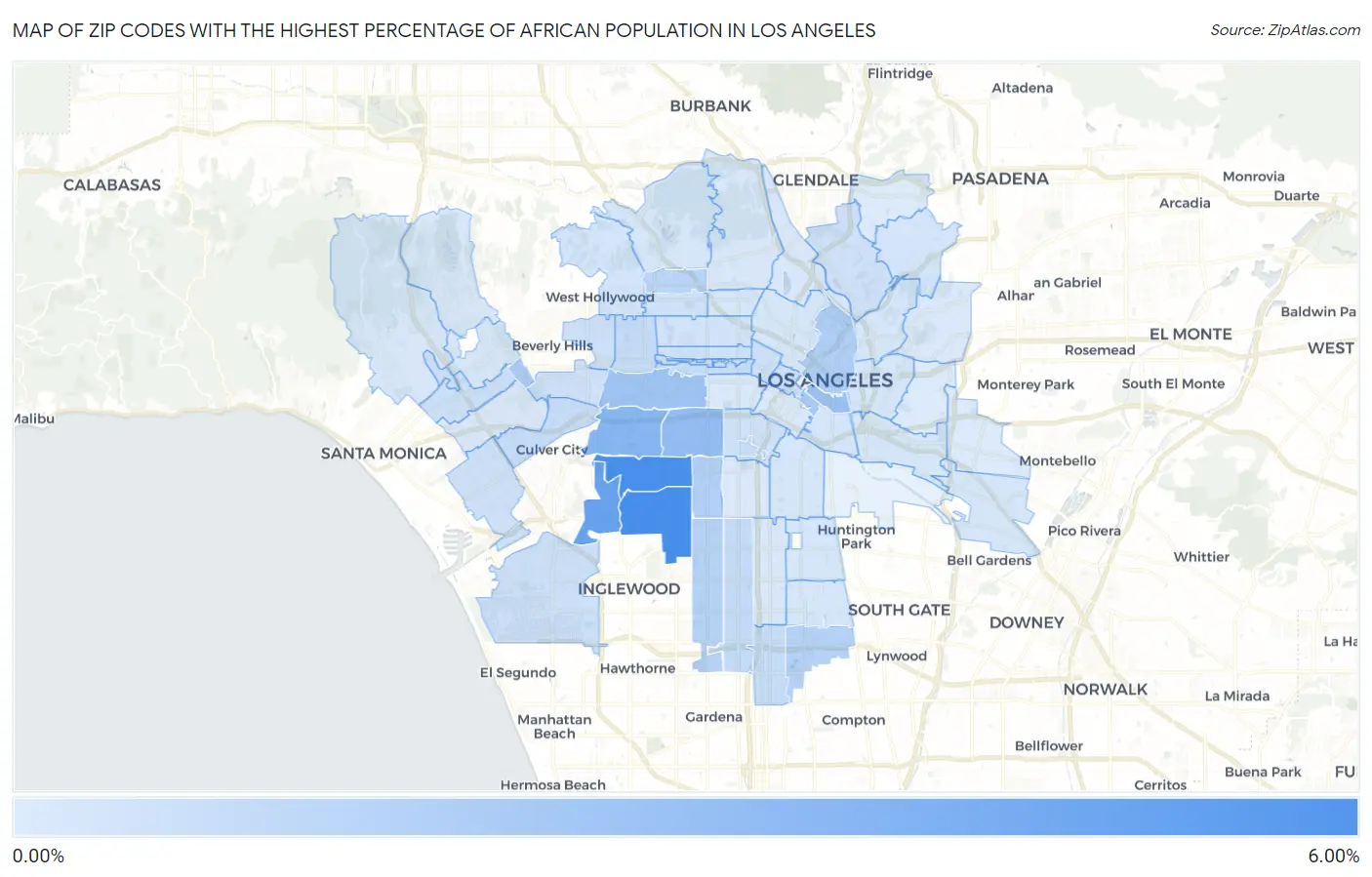 Zip Codes with the Highest Percentage of African Population in Los Angeles Map