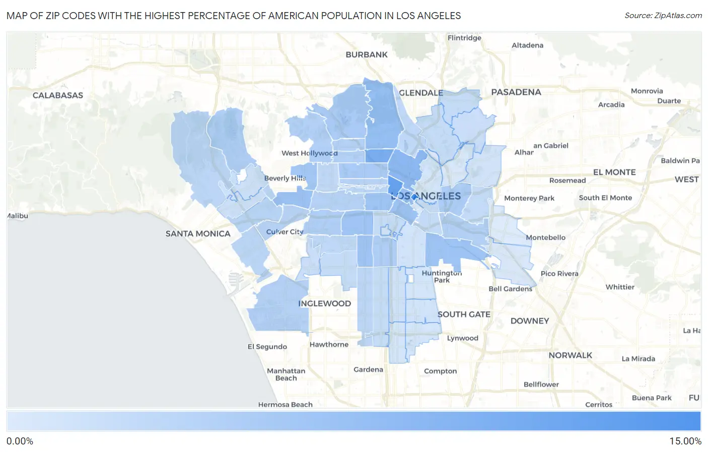 Zip Codes with the Highest Percentage of American Population in Los Angeles Map