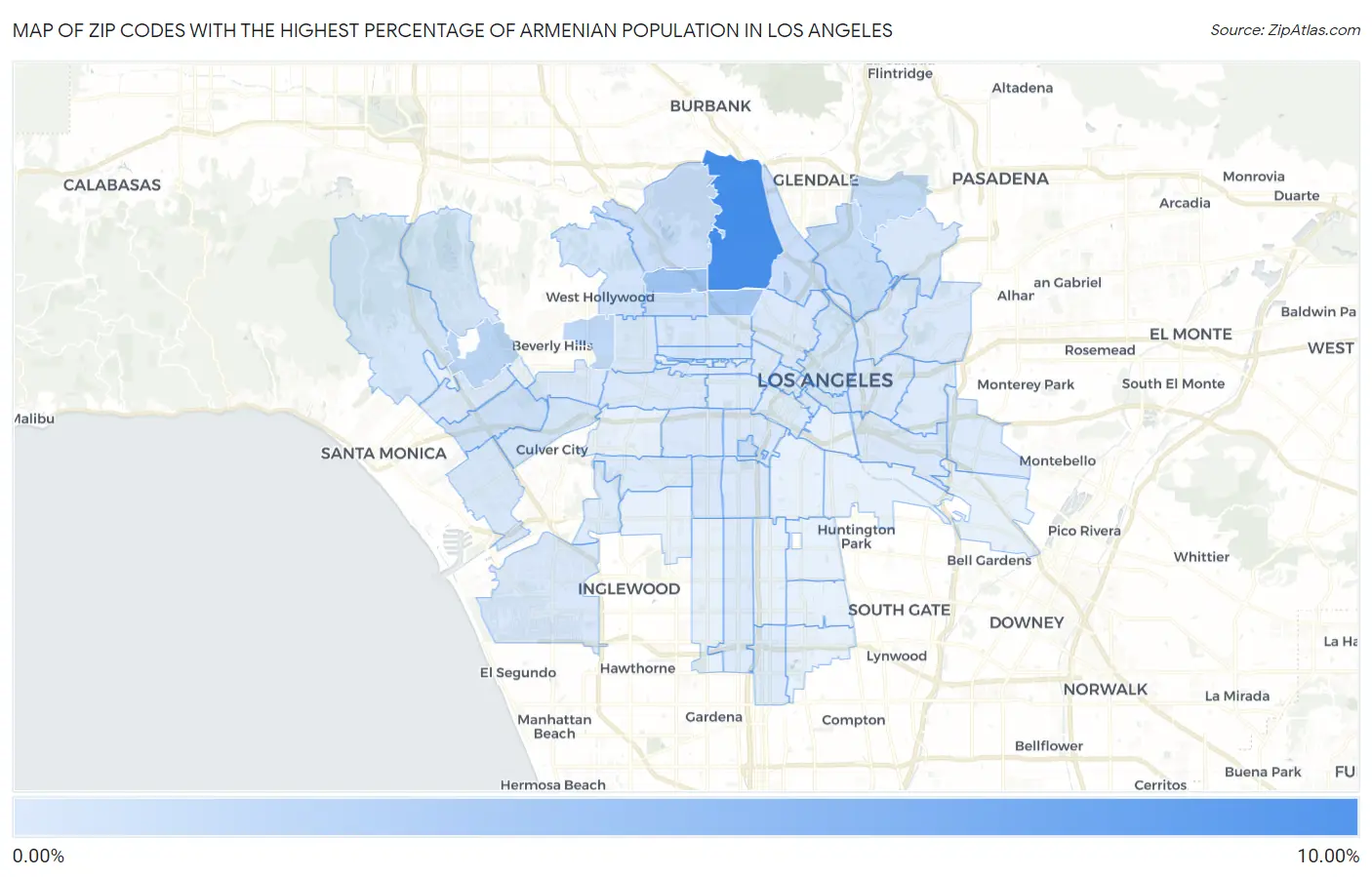 Zip Codes with the Highest Percentage of Armenian Population in Los Angeles Map